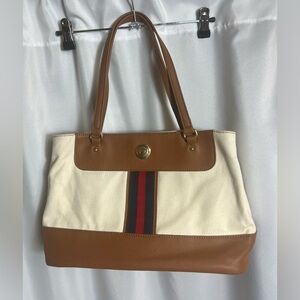 Tommy Hilfiger Purse Large Canvas Tote Shoulder Bag Vegan Leather Double Strap
